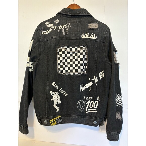 Men's M Society Mad City Politically Incorrect Washed Denim Distress Jacket Med - Picture 3 of 8